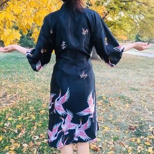 Kimono Long Floral Robe- Cranes blossoms Boho Robe, Wedding, Bridal, Bridesmaid